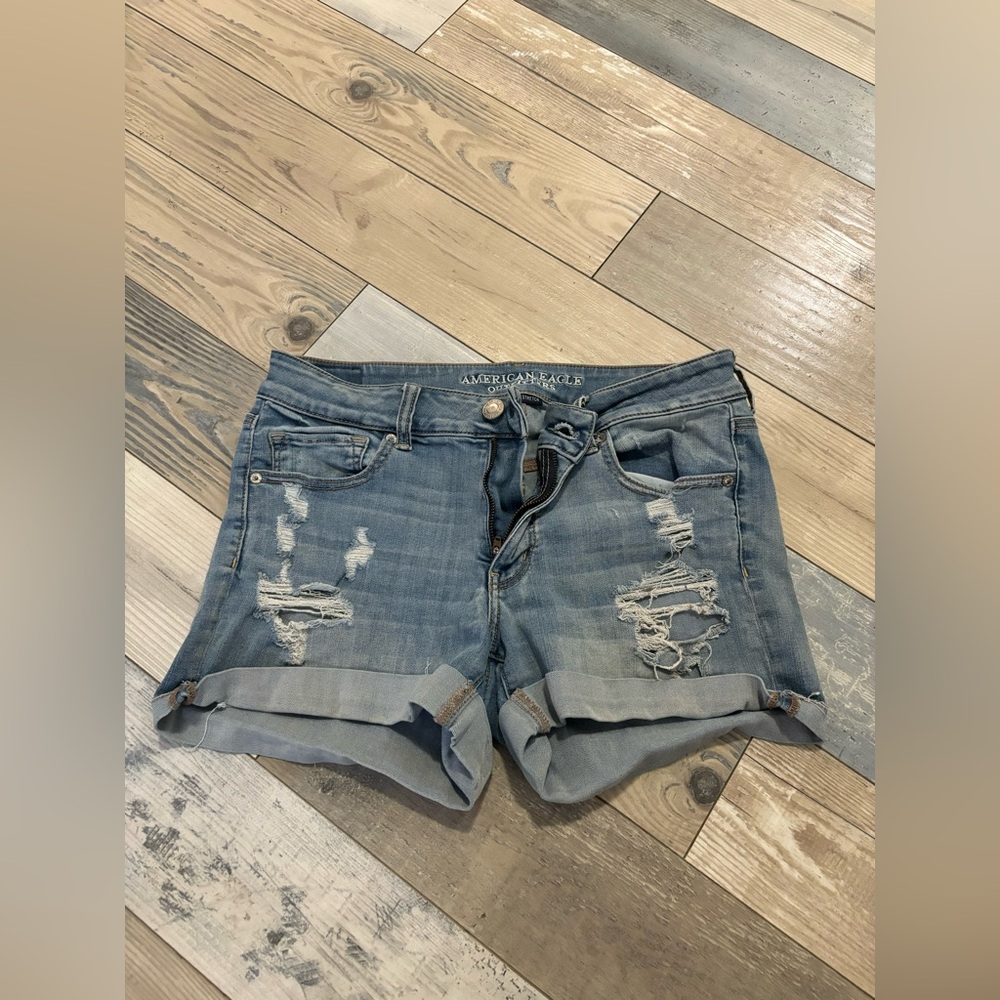 American Eagle Distressed Jean Shorts Cuffed Hem Blue Denim Size 12